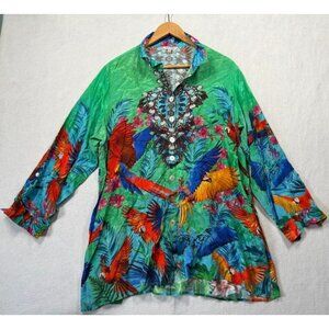 John Mark Tunic Top Floral Parrot Blouse Bright Tropical Art to Wear Women's 1X